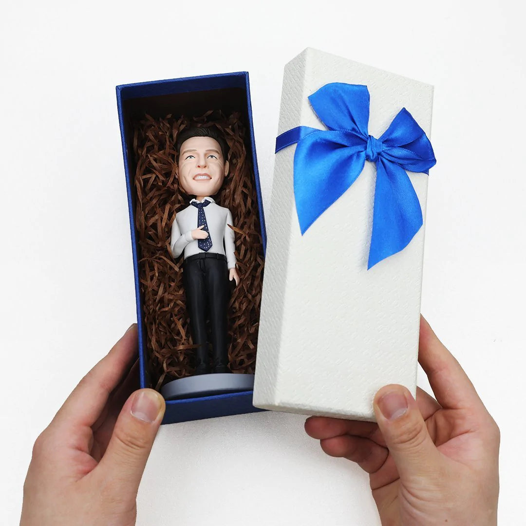 Blue Suit WORLD BEST BOSS Custom Bobblehead with Engraved Text